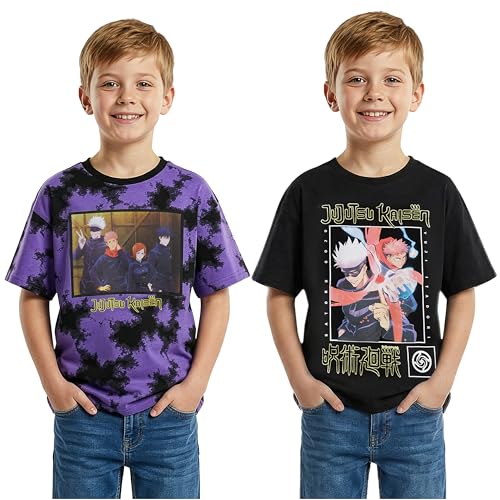 Jujutsu Kaisen Camisetas Niño 7-16 Años Pack de 2, Camiseta Manga Corta Niño Algodón, Ropa Verano Casual, Regalos Anime Manga (15-16 Años, Negro/Morado Jujutsu Kaisen)