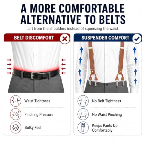 Image of Men's Heavy Duty Y-Back Suspenders, 6 Strong Metal Clips Adjustable Elastic Straps for Work, Tuxedos, and Daily Wear