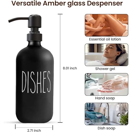 Image of Sunrise Premium 16 OZ Thick Black Glass Soap Dispenser, Matte Black Stainless Steel Pump 2 Pack, Hand and Dish Soap Dispenser Set for Bathroom with 6 Waterproof Labels