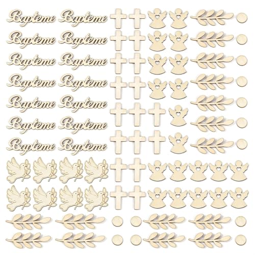 84 Confettis en Bois pour Décoration Baptême - 6 Motifs (Baptême, Ange,Bekecidi Croix, Colombe, Feuille, Rond) - Décoration Table Garçon Fille -...