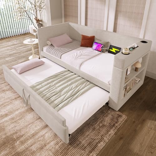 CelticHearth Cama de día tapizada con cama nido 90 x 190 cm, mezcla de lino, beige, puerto USB y tipo C, soporte para bebidas, sin colchón