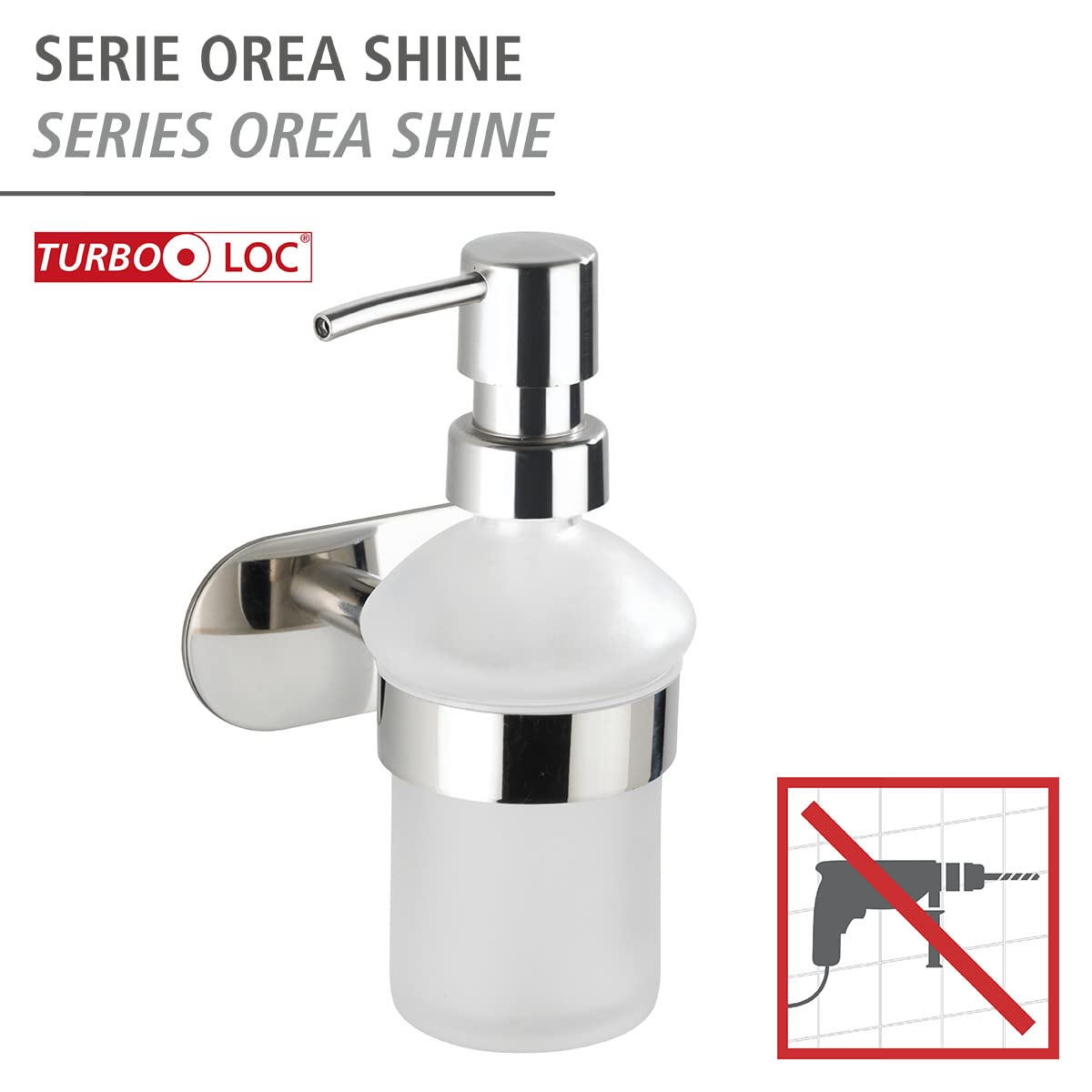 Wenko Turbo-Loc Stainless Steel Orea Shine Liquid Soap Dispenser No Drilling Capacity 0.2 litres, Glossy Silver, 10 x 16.5 x 10.5 cm