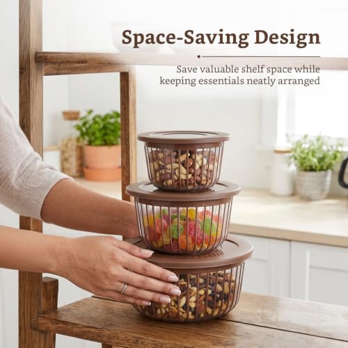 Image of Amazon Brand - Solimo Better Home Linea Transparent Plastic Storage Bowls Food Grade Set of 3 (1.3L, 2.3L, 3.8L) | BPA-Free, Stackable Kitchen Containers with Lids, Brown