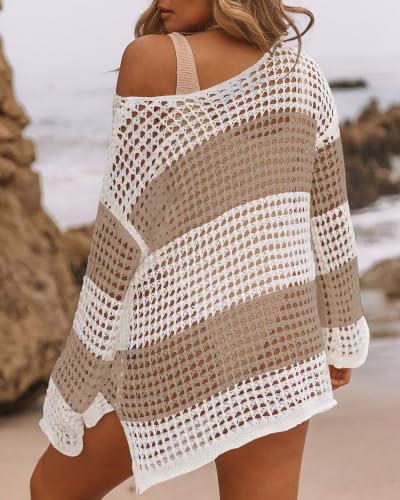 Image of Bsubseach Crochet Cover Up Women Sexy Hollow Out Swim Coverup Summer Outfit | Long Sleeve Bathing Suit Cover Up, Chic Mesh Crochet Top, Sexy Side Slit Swimsuit Coverup, Beach Vacation Essential