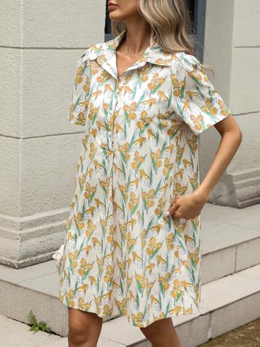 Image of LifeShe Summer Floral Dress Women's Printed Casual Sundress Short Sleeve Button Up Shirt Dresses with Pockets