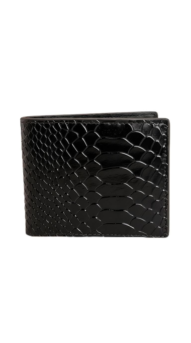 Men's Genuine Leather Bifold Wallet Black Snake Texture-image-34