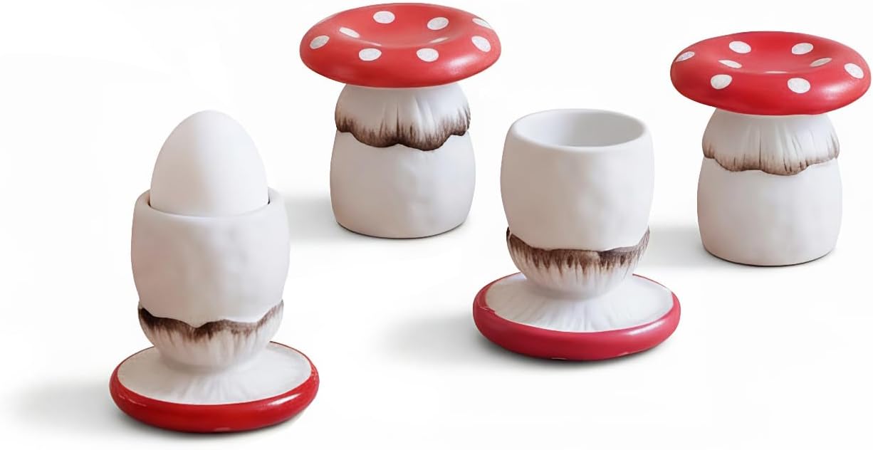 Cute Mushroom Egg Cups, Mini Cake Stand for Egg Tarts or Snacks. Set of 4, Handmade Glaze Ceramics Soft Boiled Egg Holder, Breakfast Kitchen Cooking. (Red)
