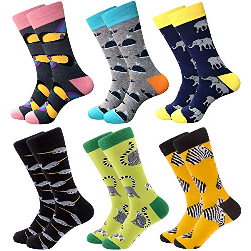 RedMaple Mens Colorful Dress Socks - Funky Pattern Socks Novelty Smart Design Cotton Casual Calf Socks 6 Pairs UK6-11.5 Animal Series