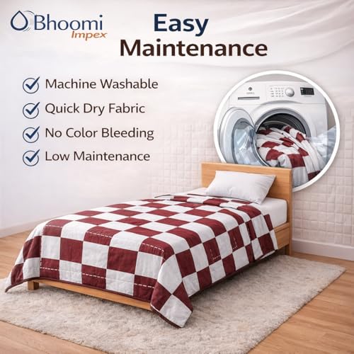 Image of Single Bed Dohar Classic Maroon Check | Lightweight Summer Quilt | Soft Microfiber AC Blanket | Breathable All Season Comforter | Skin Friendly Bed Cover