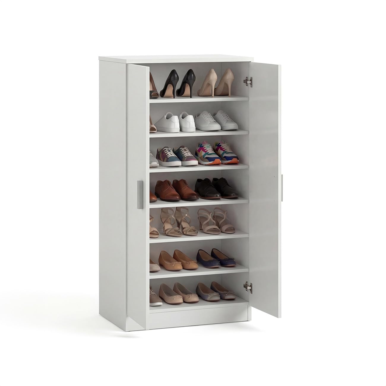 duehome | Zapatero Armario, Mueble Auxiliar, Acabado en Blanco Artik, Modelo Liam 55, Medidas: 55 cm (Largo) x 108 cm (Alto) x 36 cm (Fondo)
