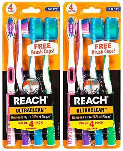 Reach Ultra-Clean Floss Bristles Soft Toothbrush, Assorted Colors, 4 Count (Pack of 2) Total 8 Toothbrushes