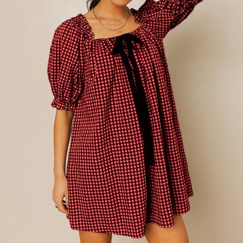 Image of Women Y2k Puff Sleeve Babydoll Dresses Square Neck Tie Back Mini Dress Summer Solid Off Shoulder Flowy Sundress