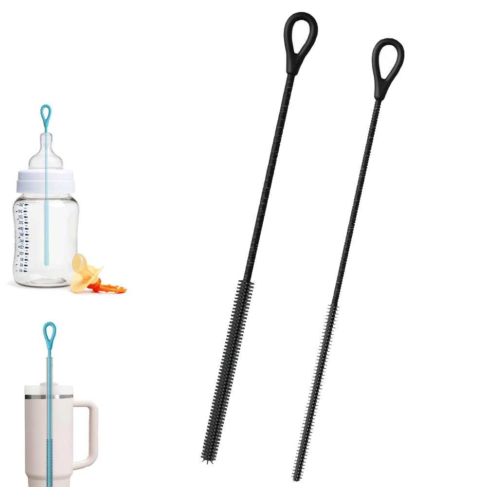Silicone Straw Cleaner Brush,2 Pack Reusable Extra Long Straw Brush,2025 New Extra Long Soft Silicone Bru-sh Tool Pipe Br-ushs,Str-aw Cleaning Br-ush with Non-Slip Handle for Tumbler,Glass