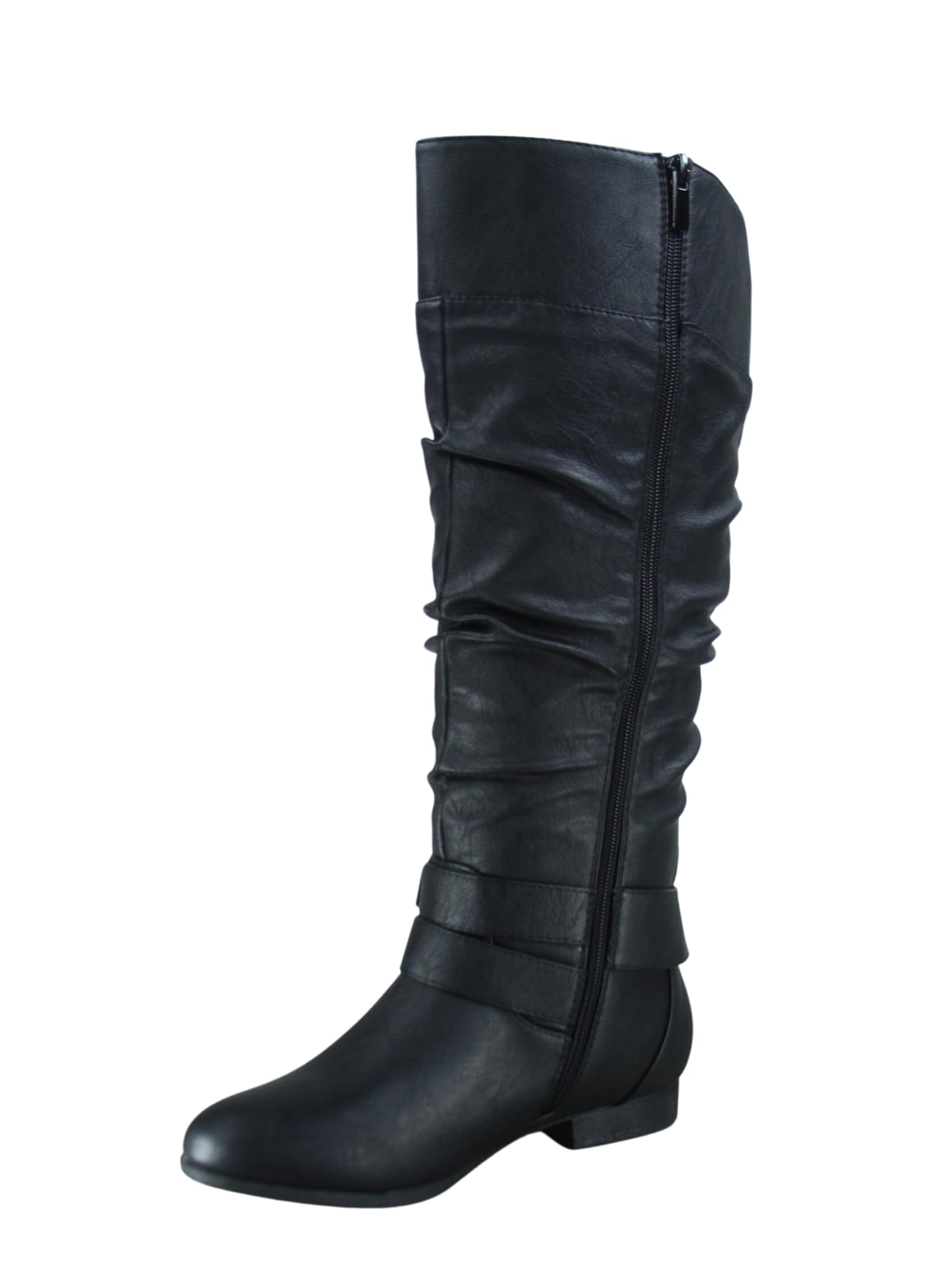 toozonTZ Lily-20 Women's Knee High Riding Boots Low Flat Heel Winter Side Zip Buckles Boots Shoes