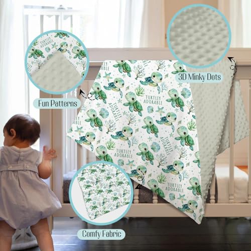 Image of Mink Baby Boy Girl Blankets Under the Sea Animal Turtle, Ocean Creature Marine Lift Double Layer Dotted Backing Receiving Swaddle, Newborn Infant Toddler Nursery Crib Bedding Shower Gift 30x40