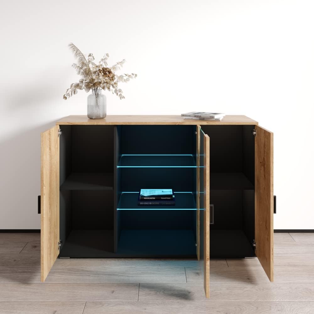 Meble Furniture Soho S7 3D Modular Sideboard — 3 Doors with LED Lights — Engineered Wood — Oak, 16" D x 47" W x 31.5" H