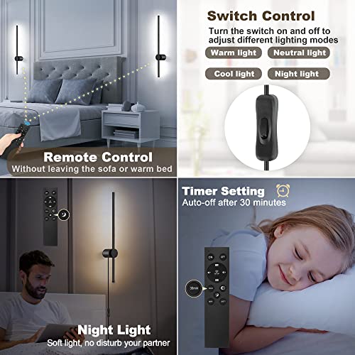 Image of GOODATE Wall Sconces Set of Two with Remote, Stepless Colors 3000K-6500K & Stepless Dimming, Hardwire or Plug-in, 180 Rotate, LED Black Plug in Wall Sconces with Timer & Night Light, 23.6 Inches