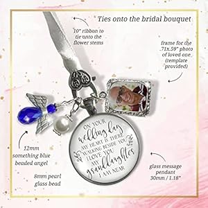 Bouquet photo charm wedding memory something blue angel i know youd be here if heaven honor love one silver finish handmade bridal jewelry white glass pendant 2 frames gift message box for bride  urban country home decor