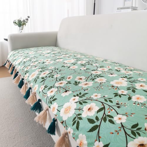 Image of HOKIPO Sofa Cover Mat with Tassel for 1 /2 /3 Seater & L Shape Sofa | DIY Sofa Cover Set | Digital Printed Holland Velvet | 'Whispers of Nature' | 70(W) x 180(L) cm | Sage Floral Vine (IN-1122-D8)