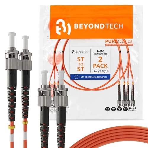 BEYONDTECH Cable de fibra óptica ST a ST OM2 Multimodo Duplex (1 Metro - 2 Unidades) - Latiguillo Doble Fibra Óptica UPC/UPC - 50/125 (LSZH)
