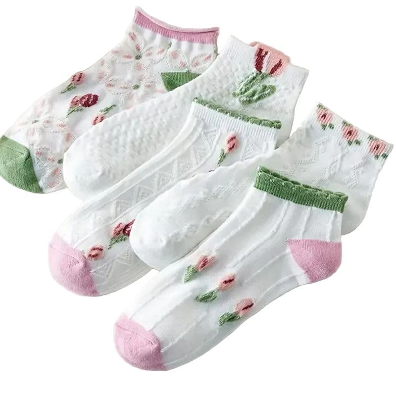 lazzy socks Women's, Ankle Socks, Pack of 5, White, Free Size, 3D Tulip Pattern, Cotton Blend, Adult, Ankle Length, Frilly Cuffs, Casual-picture-33
