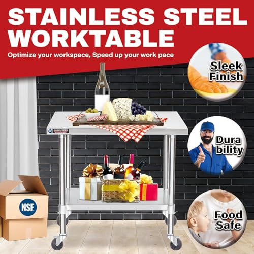 Image of DuraSteel 30x36 NSF Stainless Steel Cart Work Table - Heavy Duty Rolling Food Prep Table Countertop Island - Metal Utility Cart on Wheels Caster, Grill Stand Storage Outdoor Kitchen Tables Bar Top
