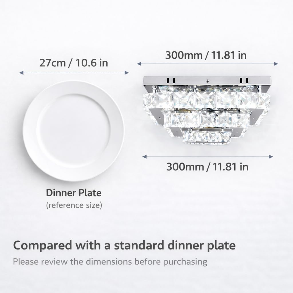 Finktonglan 30 cm Rechteckige 2-Stufige Kristall LED Deckenleuchte, 6500K | 24W Integrierte LED, 6500K Kaltweiß, nicht dimmbar, ohne Fernbedienung, K9 Kristall und Edelstahl für Flur und Schlafzimmer