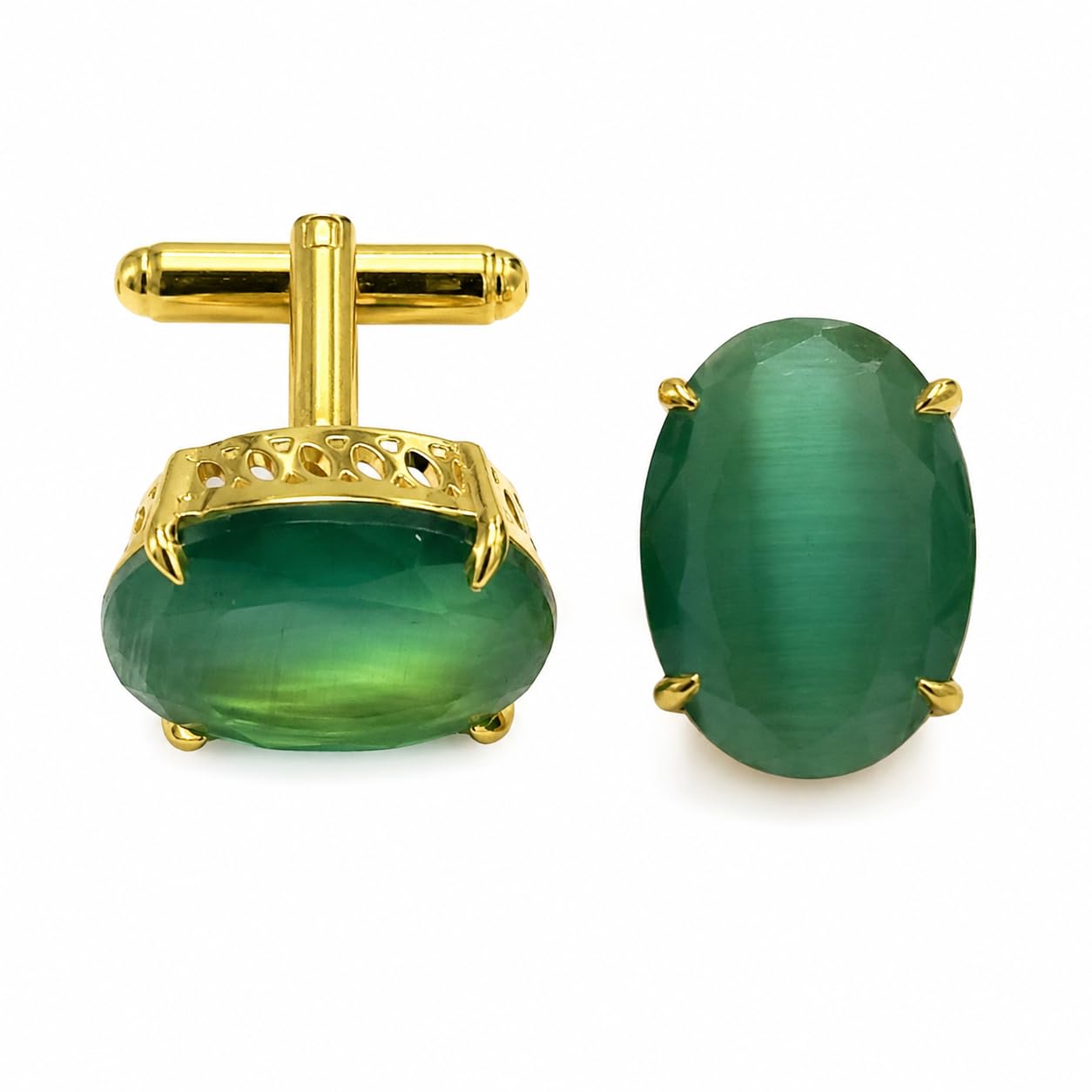 Green Cat Eye Stone Cufflinks for Men | Gold Plated Brass Metal Luxury Cuff Links | Premium Formal Shirt Accessories for Wedding, Business, Party & Tuxedo Wear-image-8