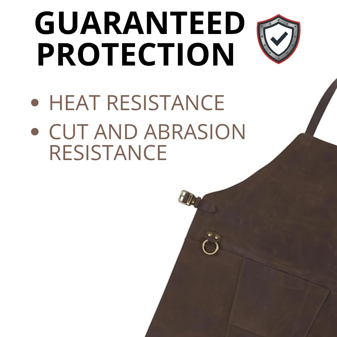 Delantal de Cuero Genuino Premium. Industrial Mandil de Piel Reforzada con Correas de Ajuste Técnico para Soldador Carpintero y Herrero Protección Térmica y Mecánica Profesional. 83x63cm