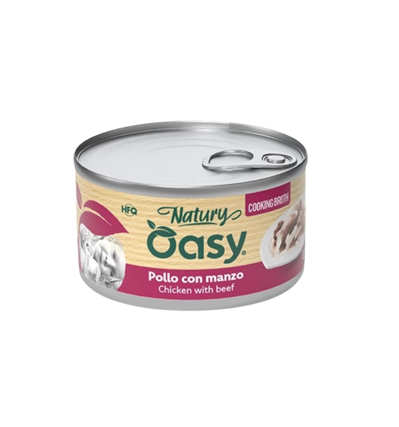 Oasy Húmedo Gato Natury Cooking Broth Sabor Pollo con Carne de Res Suave Filete Natural en caldo de cocción para gatos adultos de todos los tamaños y razas | 12 latas de 85 gramos cada una.