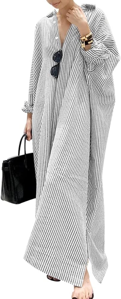 chouyatou Women’s Casual Long Sleeve Button Down Loose Striped Cotton Maxi Shirt Dress chouyatou Women’s Casual Long Sleeve Button Down Loose Striped Cotton Maxi Shirt Dress