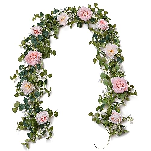 Anna's Whimsy 5.91FT Artificial Eucalyptus Garland with Flowers, Fake Rose Gypsophila Garland, Faux Floral Garland Greenery Garland for Wedding Spring Home Party Craft Art Table Runner Decor (Pink, 1)
