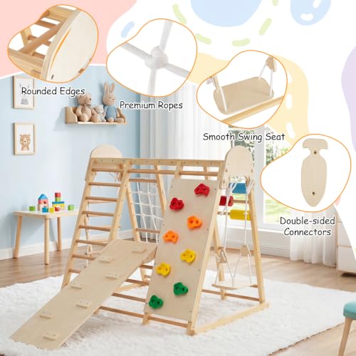 Image of Costzon Indoor Playground, 8-in-1 Foldable Indoor Jungle Gym for Kids | Montessori Jungle Gym Beech Wood Climbing Toys for Toddlers w /Slide, Monkey Bars, Playground Climber Playset for Kids Gifts
