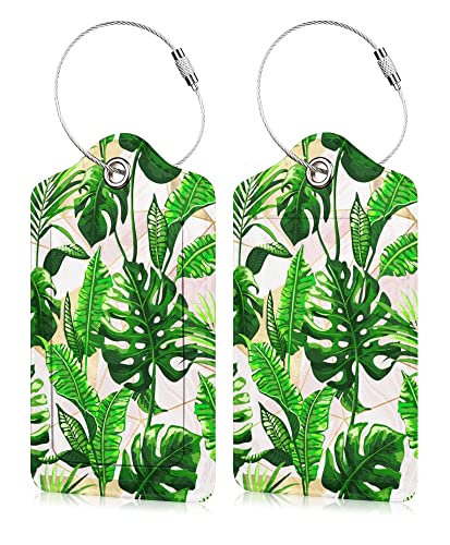Image of Set of 2 Luggage Tags for Suitcases Women Tropical Leather Suitcases Tag with Stainless Steel Loop Privacy Cover ID Label Leaf Travel Bag Tags Luggage Identifiers for Women Men Travel