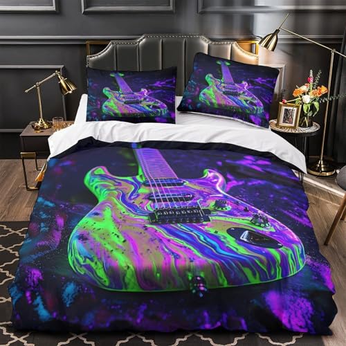 Housse de couette guitare néon 3D microfibre parure de lit single pour garçon - 2