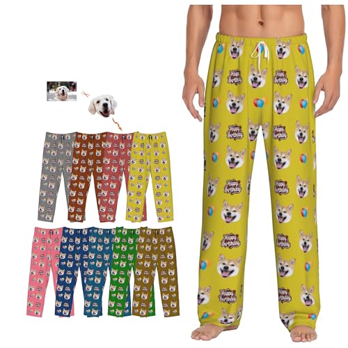 Custom Pajamas Pants Happy Birthday with Photo for Mens, Personalized Birthday Gifts Pj Bottoms Sleepwear Dog Pet Face for Women Man
