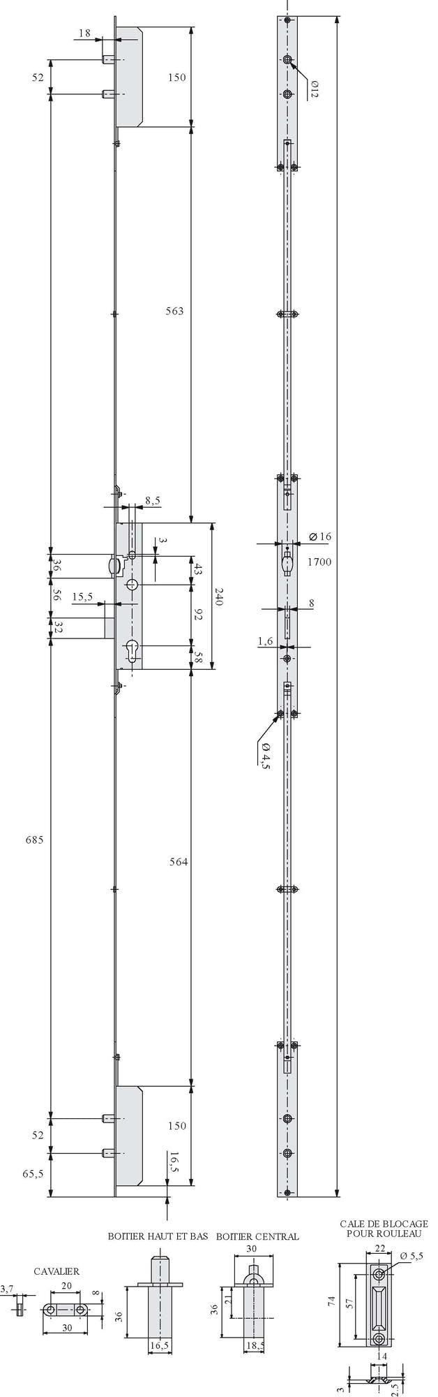 Serrure 3 points à pêne dormant et rouleau, axe 30 mm, coffre largeur 45 mm