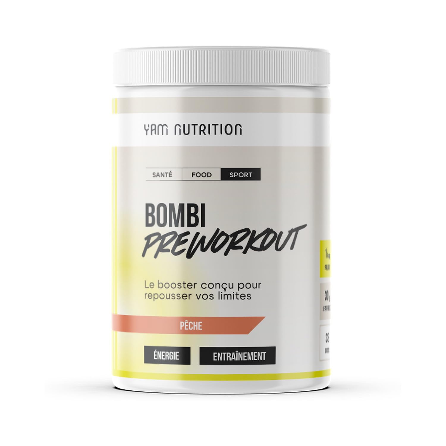 Bombi - Poudre pré-entraînement | Booster d'énergie BCAA, taurine et caféine | Saveur Pêche - YAM Nutrition