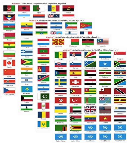 Made in The USA! United Nations Sticker Set with Country Name; 1.5" x 1" Self Adhesive Stickers for Every International Country in The United Nations Plus 7 UN Stickers, 200 Sticker Flags Total.