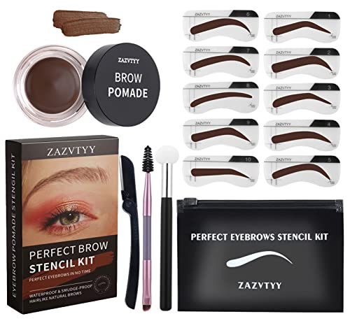 Kit de pochoirs pour sourcils, tampon à sourcils, kit de formage à une étape avec 10 pochoirs pour sourcils, kit de trio Brow Stamp avec applicateur éponge, kit de sourcils étanche (marron clair)