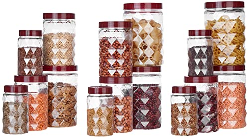 Solimo Plastic Pet Storage Jar and Container, Set of 15 (300 ml, 600 ml, 1.2 ltrs Each) Red Wine | Air Tight | Kitchen Organiser | BPA Free | Stackabl