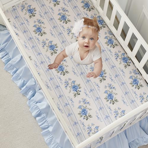 Image of Brandream Organic Cotton Crib Fitted Sheets for Baby Girls, Cottagecore Fitted Crib Sheet for Standard Crib and Toddler Mattress Super Soft Baby Sheet French Country Coquette Blue Floral Stripe Print