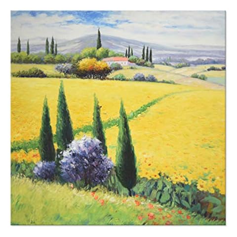 7CANVAS-Handmade Tuscan Oil Painting Wall Art-Landscape Scene Rustic Wall Decor Stretched Canvas Painting Artwork Yellow Flower Field Wall Picture for Home Decor(Yellow Tuscany, 24x24 Inch) Cover