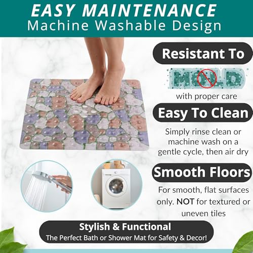 Image of ENKOSI Square Shower Mat 21x21 inch - Anti Slip Shower Stall Floor Mat - Non Slip Shower Mats with Strong Secure Suction Cups and Drain Holes in Middle (21x21 Stone Path)