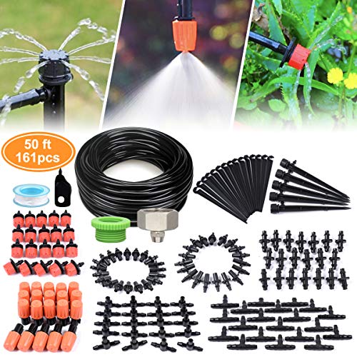 DIY Garden Drip Irrigation Kit, Plant Watering System with 50ft 1/4-inch Blank Distribution Tubing Hose Atomizing Nozzles Drippers