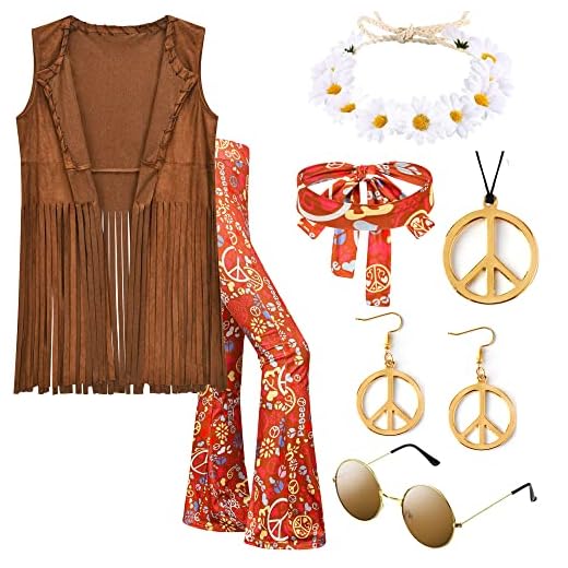 ZeroShop 70s Outfits for Women,Hippie Costume Fringe Vest,60s Decades Clothes Pants,Hippy Glasses,Headbands Flower Crown,Earrings,Necklaces Accessories for Halloween,2-S