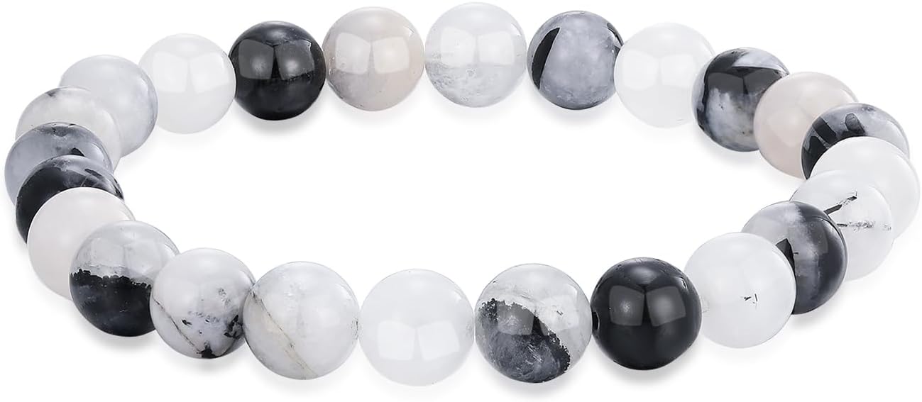 Crystal Vibe Manifestation Bracelet - Handmade Natural Black Rutile Tourmaline Quartz Stone 8mm Beaded Bracelet - Yoga Bracelet Gift for Him Her - Elastic Adjustable Size