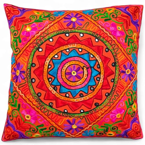 Original Kikan Suzani Multi Colour Floral Embroidery 24" x 24" 60 x 60 cms Indian Ethnic Floor Cushion Cover Sofa Pillow Zipper Vegan (ORANGE)