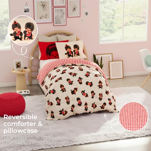Image of Monchhichi Bedding 5 Piece Twin Bed Set, Soft Cozy Nostalgia Reversible Comforter and Sheet Set with Sham, Officially Licensed Product By Franco