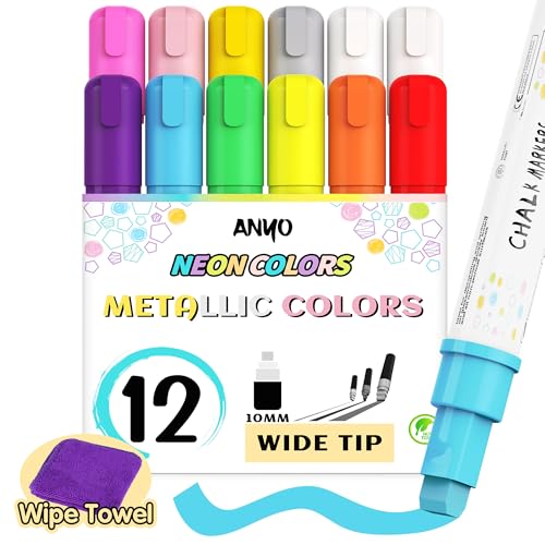 Anyo 12 Pack Chalk Markers for Blackboard, Window Paint with 10mm 3-in-1 Wide Nib Tip, Metallic &...